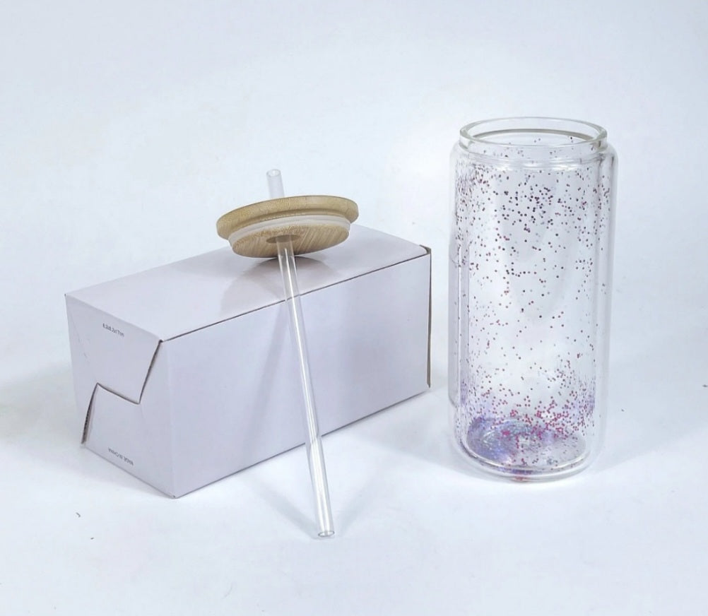 16oz Snowglobe glitter cup with decorated lid